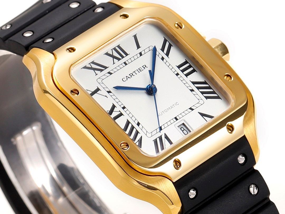 Cartier watch close-up with gold-tone square case, white Roman dial, blue hands, black strap.
