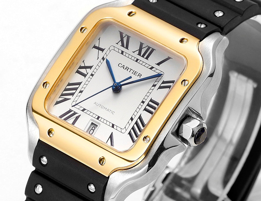 Cartier watch with silver-tone case and black strap, white Roman dial, blue hands.