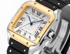 Cartier watch with silver-tone case and black strap, white Roman dial, blue hands.
