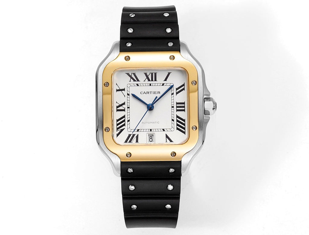 Cartier watch with black rubber strap and silver-tone square case, Roman dial and blue hands.