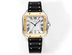 Cartier watch with black rubber strap and silver-tone square case, Roman dial and blue hands.