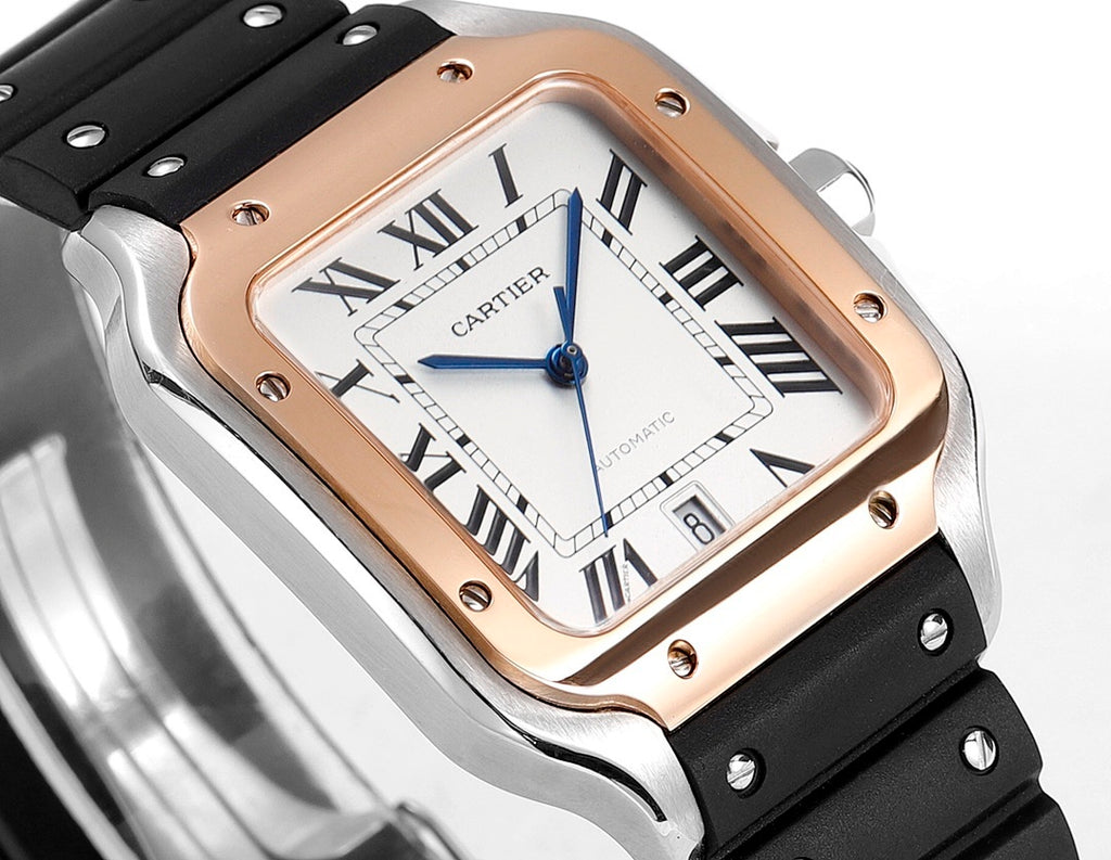 Cartier watch close-up with rose gold bezel, blue dial, black rubber strap