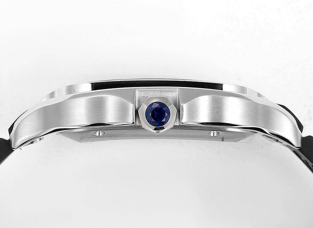 Cartier watch case with blue sapphire crown setting on silver bezel