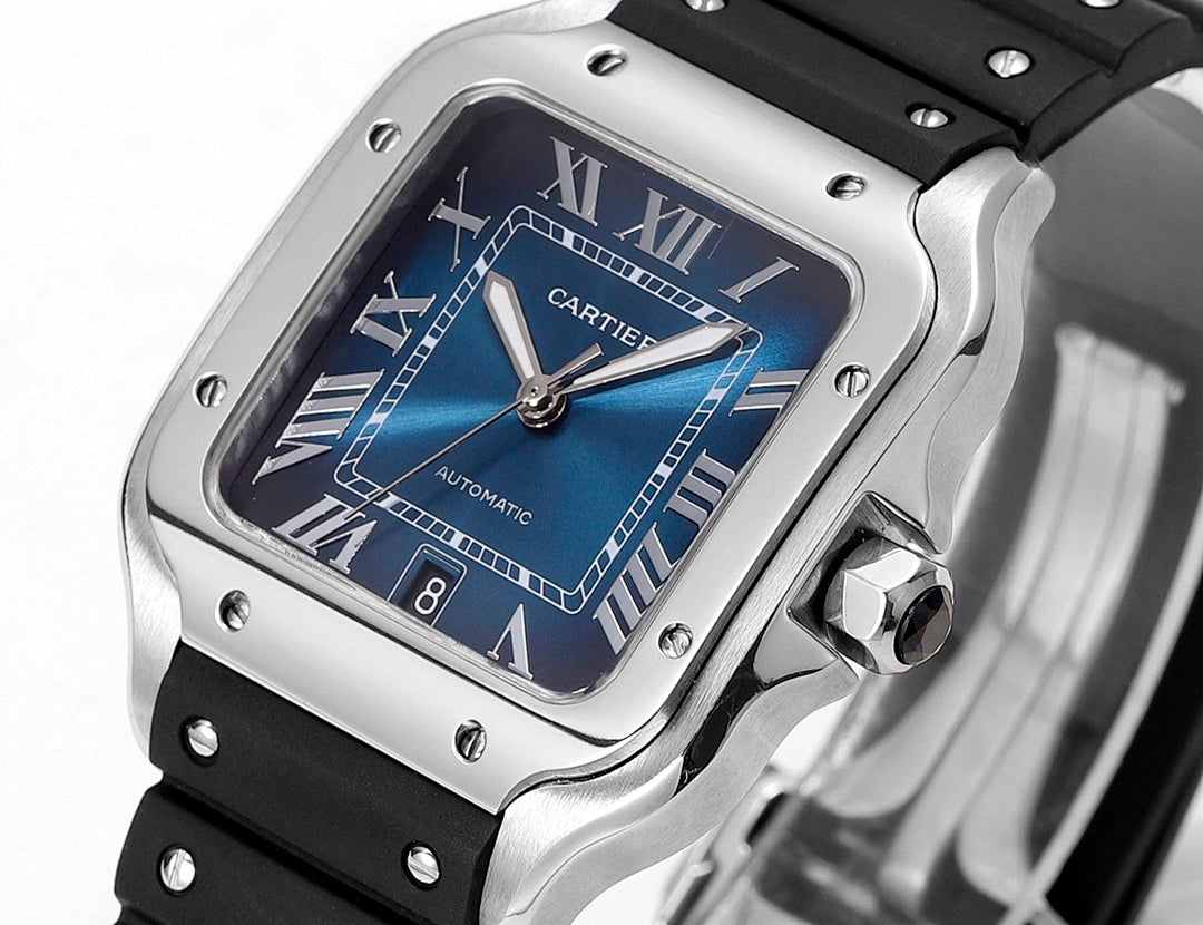 Cartier watch with blue dial, Roman numerals, silver case, black rubber strap