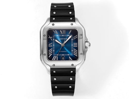 Cartier watch with blue Roman numeral dial, black rubber strap, silver case