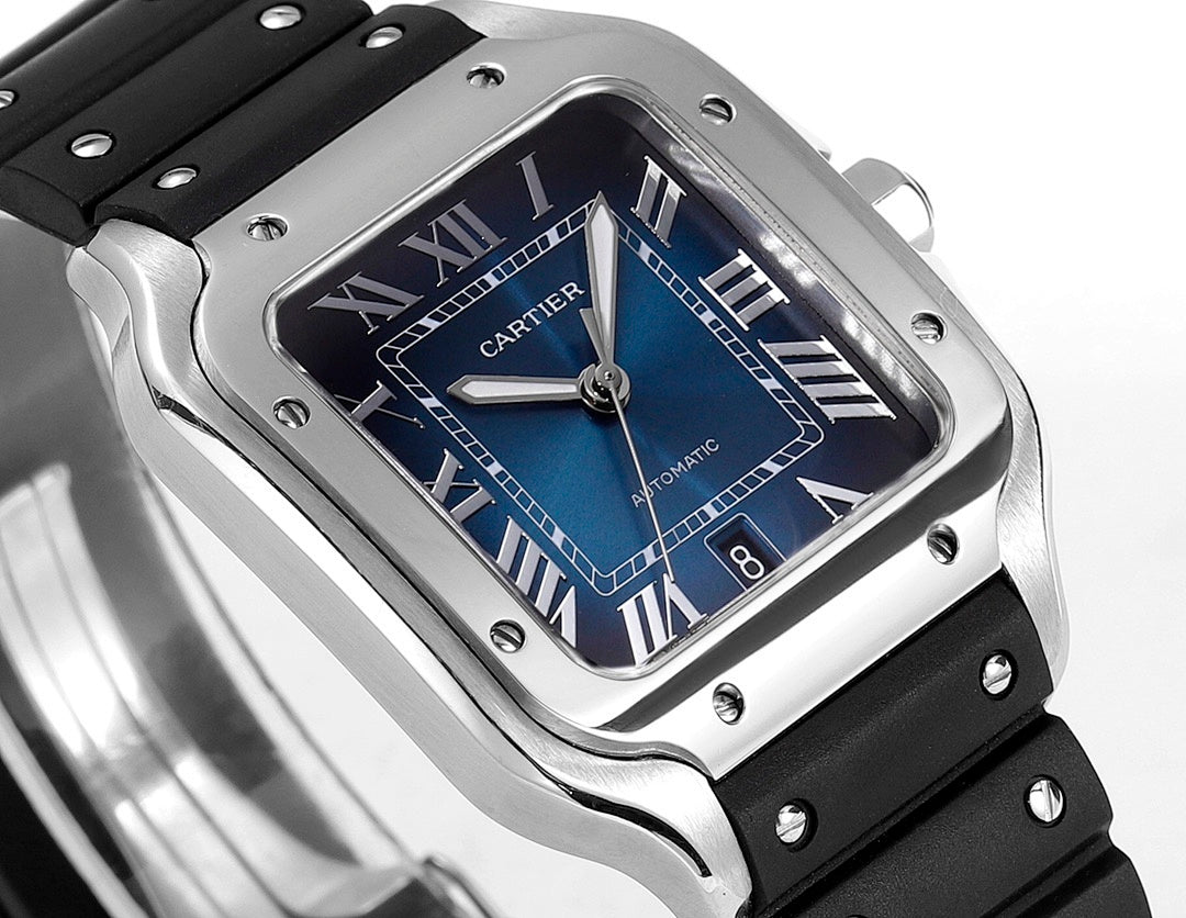 Cartier watch with blue Roman numeral dial, silver case, black rubber strap