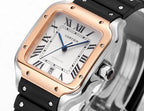 Cartier watch with white dial, rose gold bezel, black rubber strap