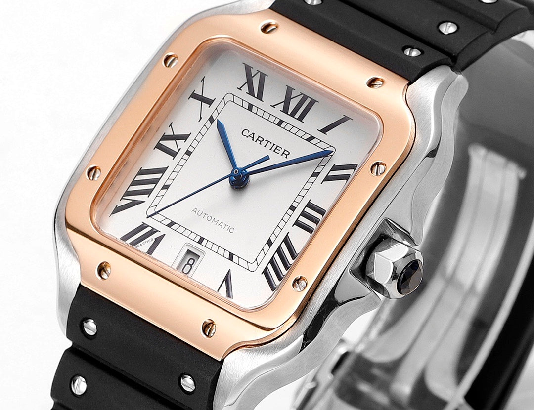 Cartier watch with white dial, rose gold bezel, black rubber strap