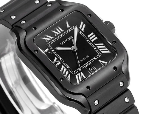 Black Cartier watch face close-up with Roman numerals and automatic text