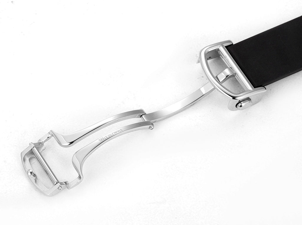 Black Cartier watch with silver clasp and black rubber strap