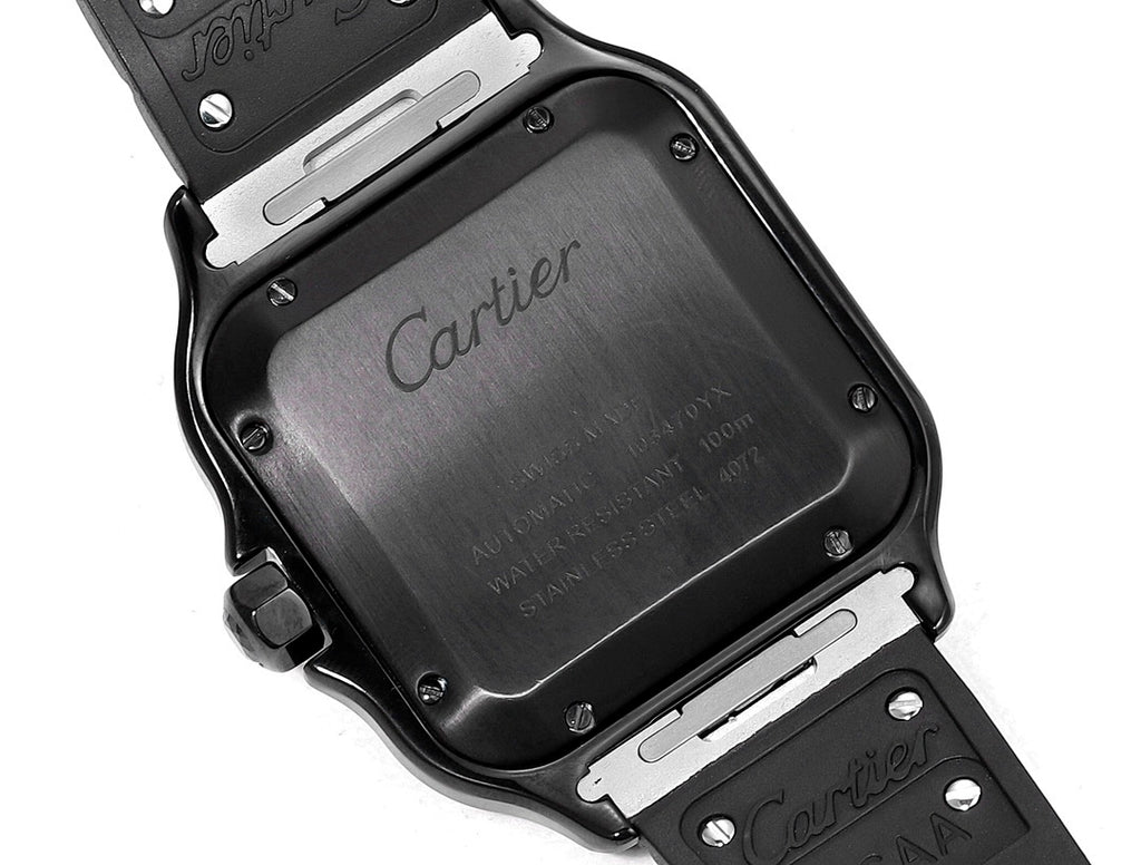 Black Cartier watch caseback with embossed Cartier text and strap underside