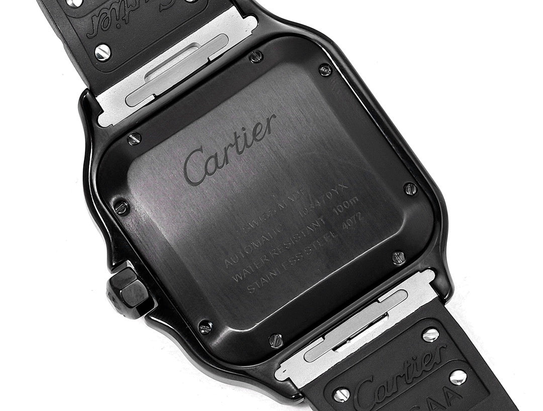 Black Cartier watch caseback with embossed Cartier text and strap underside