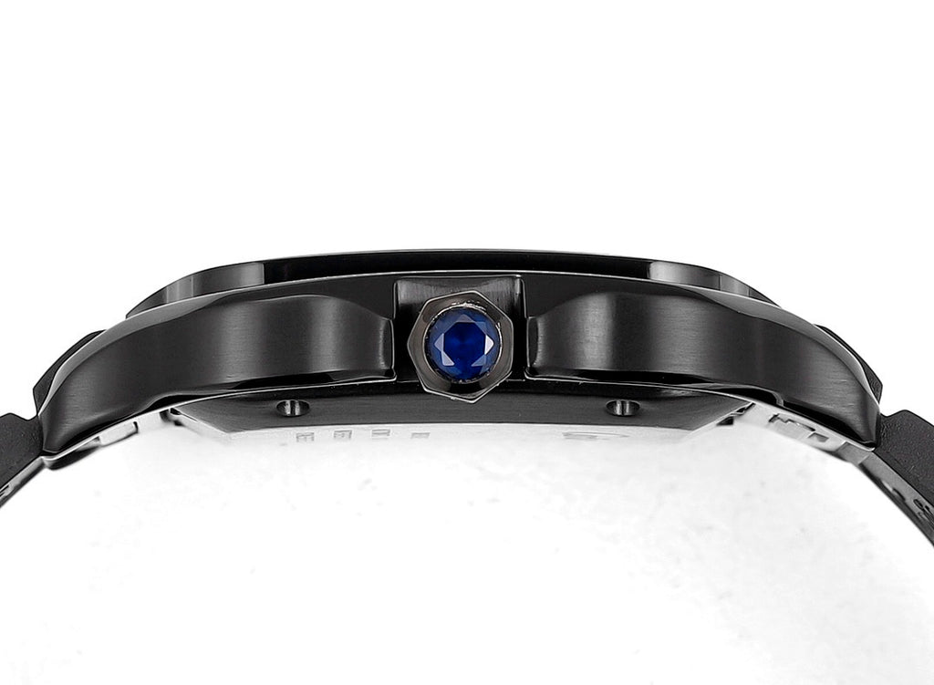 Black Cartier watch top view with blue sapphire crown set