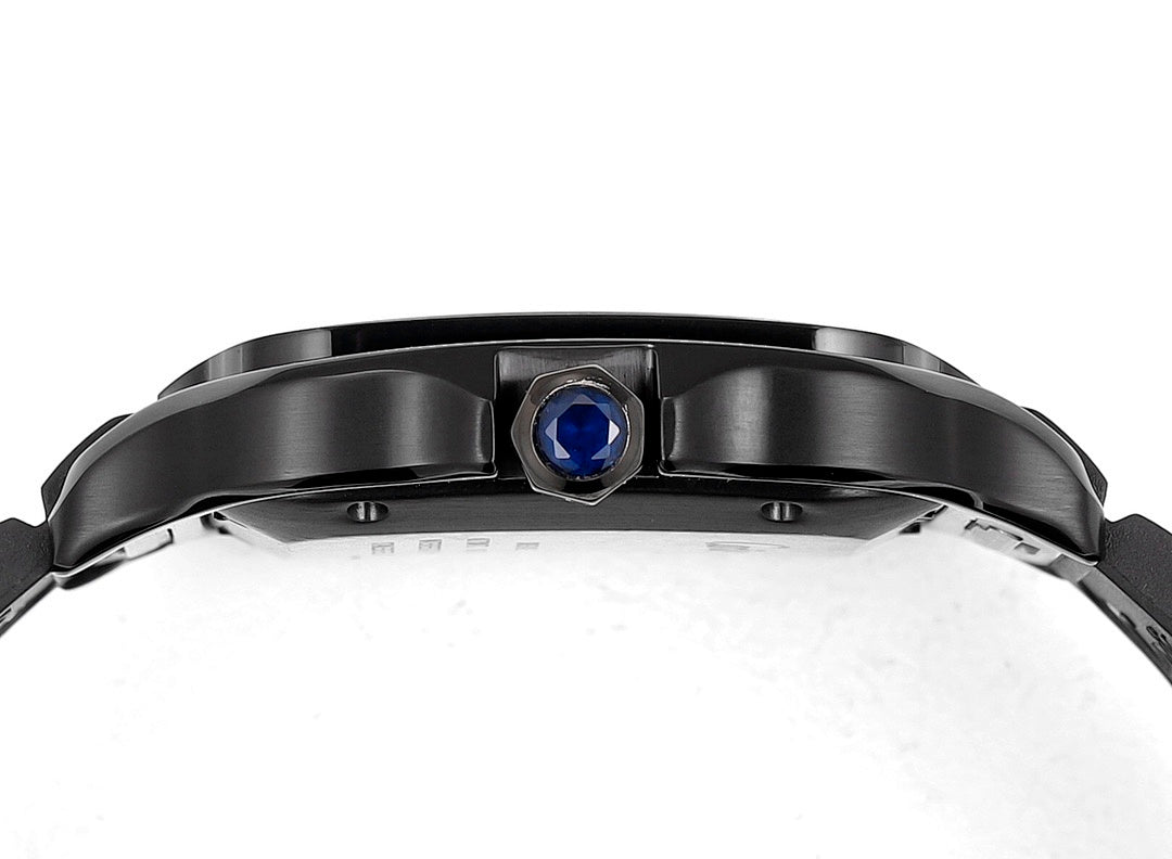 Black Cartier watch top view with blue sapphire crown set