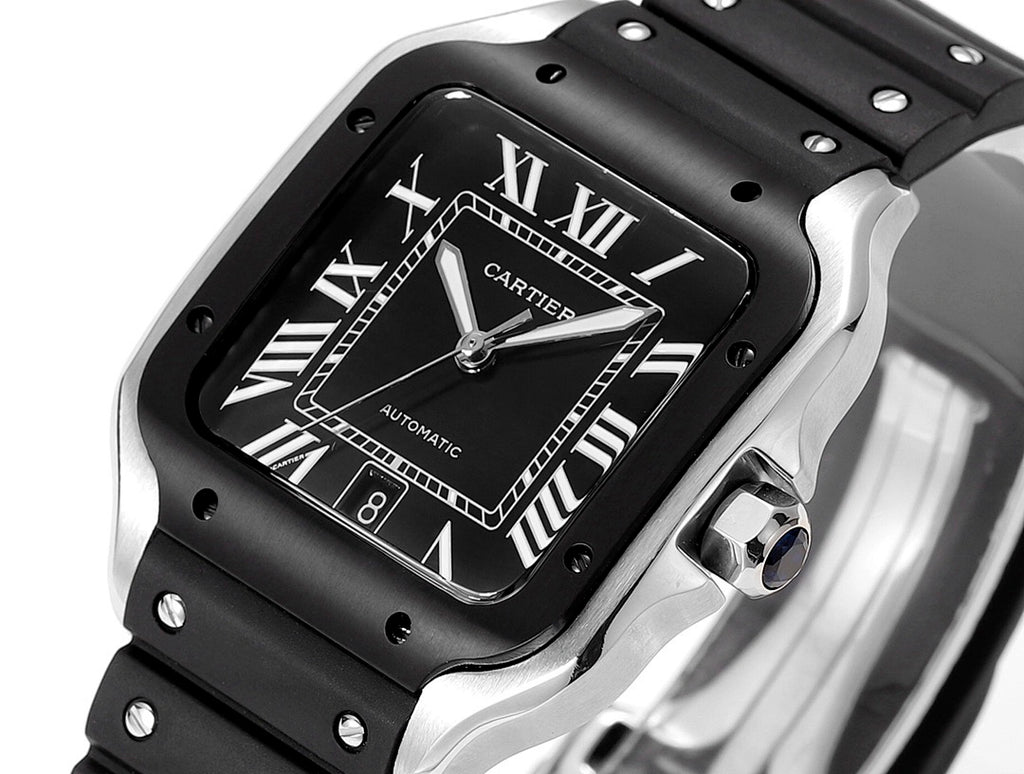 Black Cartier watch with Roman numeral dial and silver metal case accents