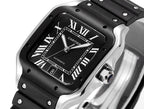 Black Cartier watch with Roman numeral dial and silver metal case accents