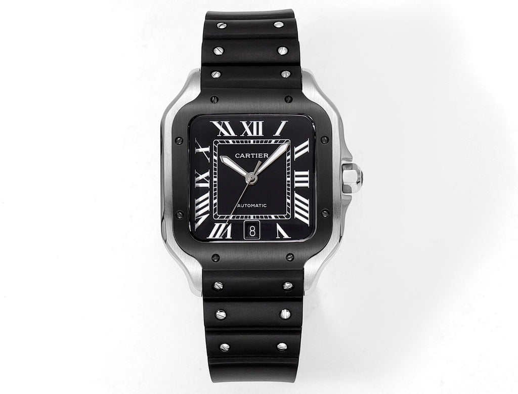 Square black Cartier watch with Roman numeral dial and black rubber strap