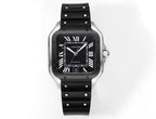 Square black Cartier watch with Roman numeral dial and black rubber strap