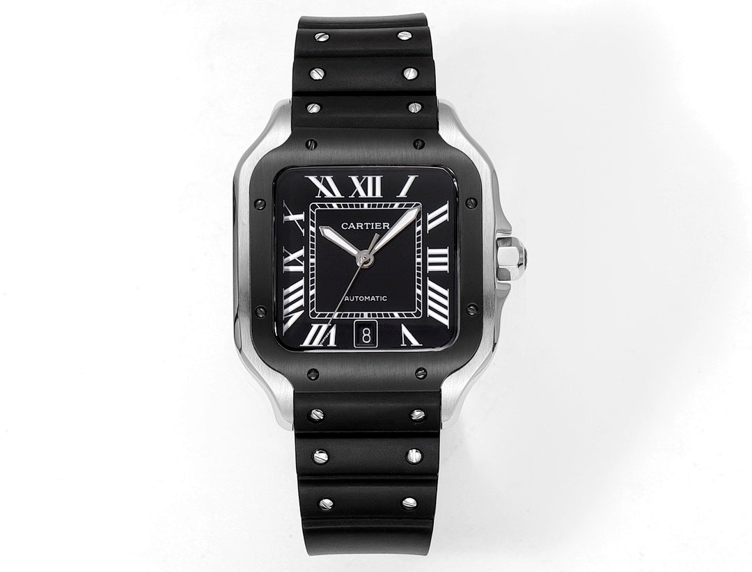 Square black Cartier watch with Roman numeral dial and black rubber strap