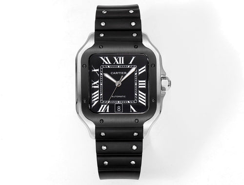 Square black Cartier watch with Roman numeral dial and black rubber strap