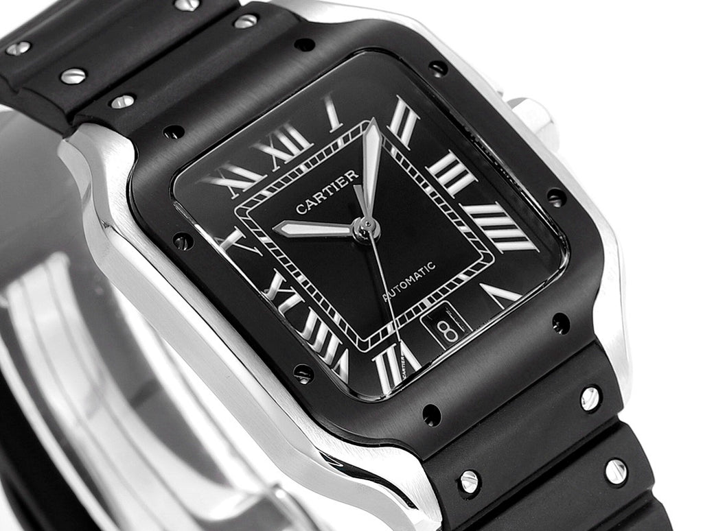 Black Cartier watch angled on bracelet with Roman numeral dial and hands