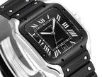 Black Cartier watch angled on bracelet with Roman numeral dial and hands