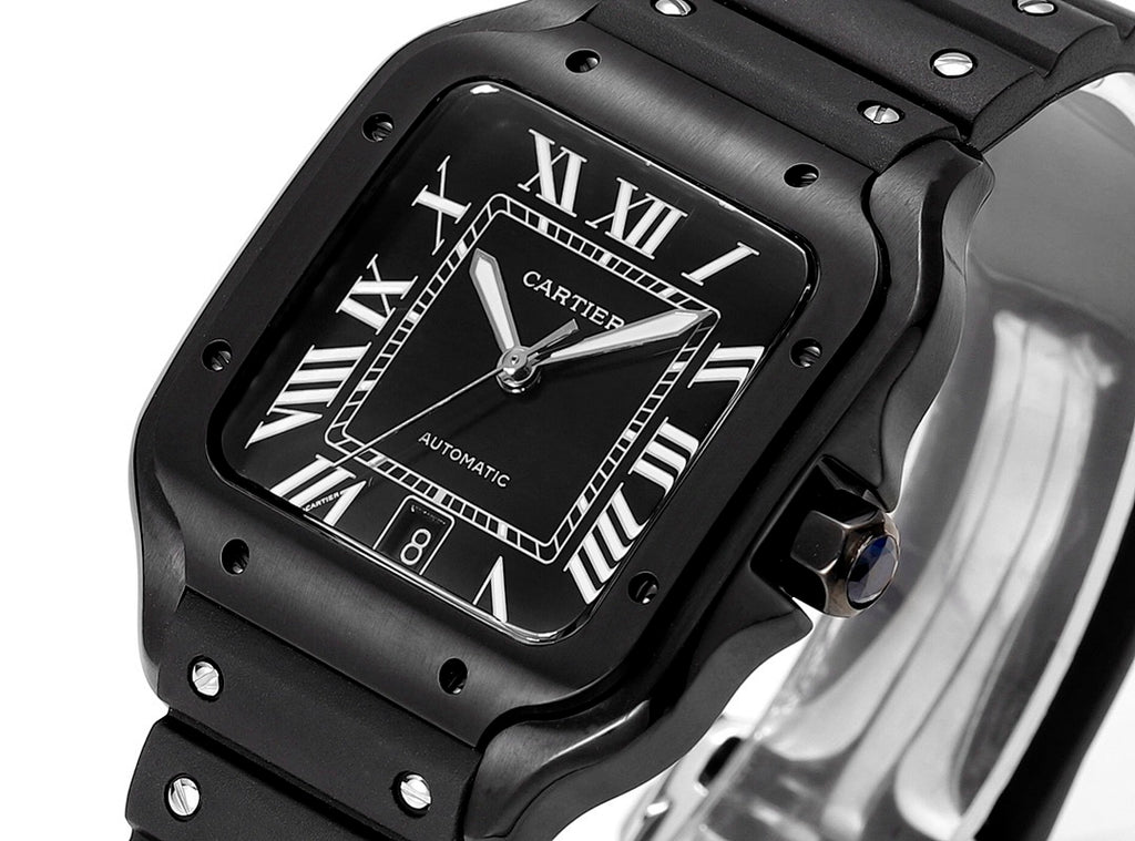 Black Cartier watch face close-up with Roman numerals and centered hands