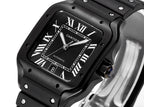 Black Cartier watch face close-up with Roman numerals and centered hands