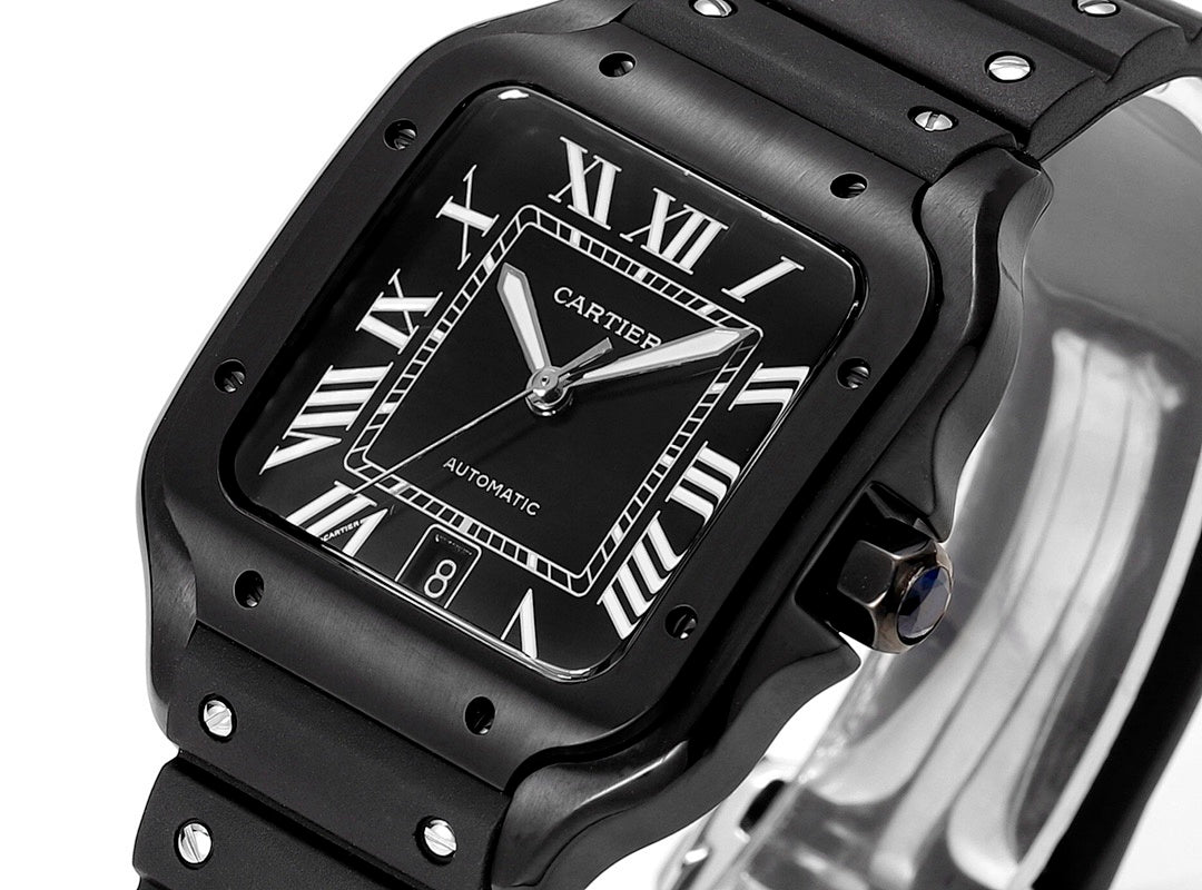 Black Cartier watch face close-up with Roman numerals and centered hands