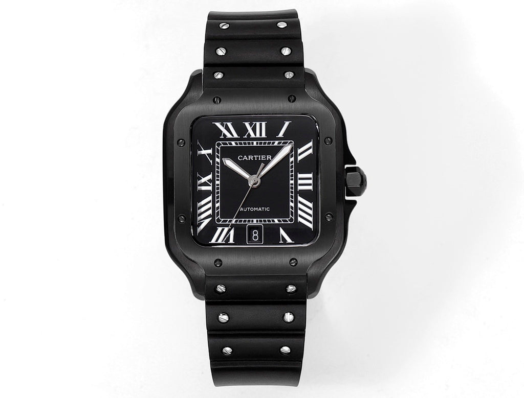 Square black Cartier watch front view with Roman numeral dial and rubber strap