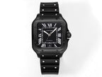 Square black Cartier watch front view with Roman numeral dial and rubber strap