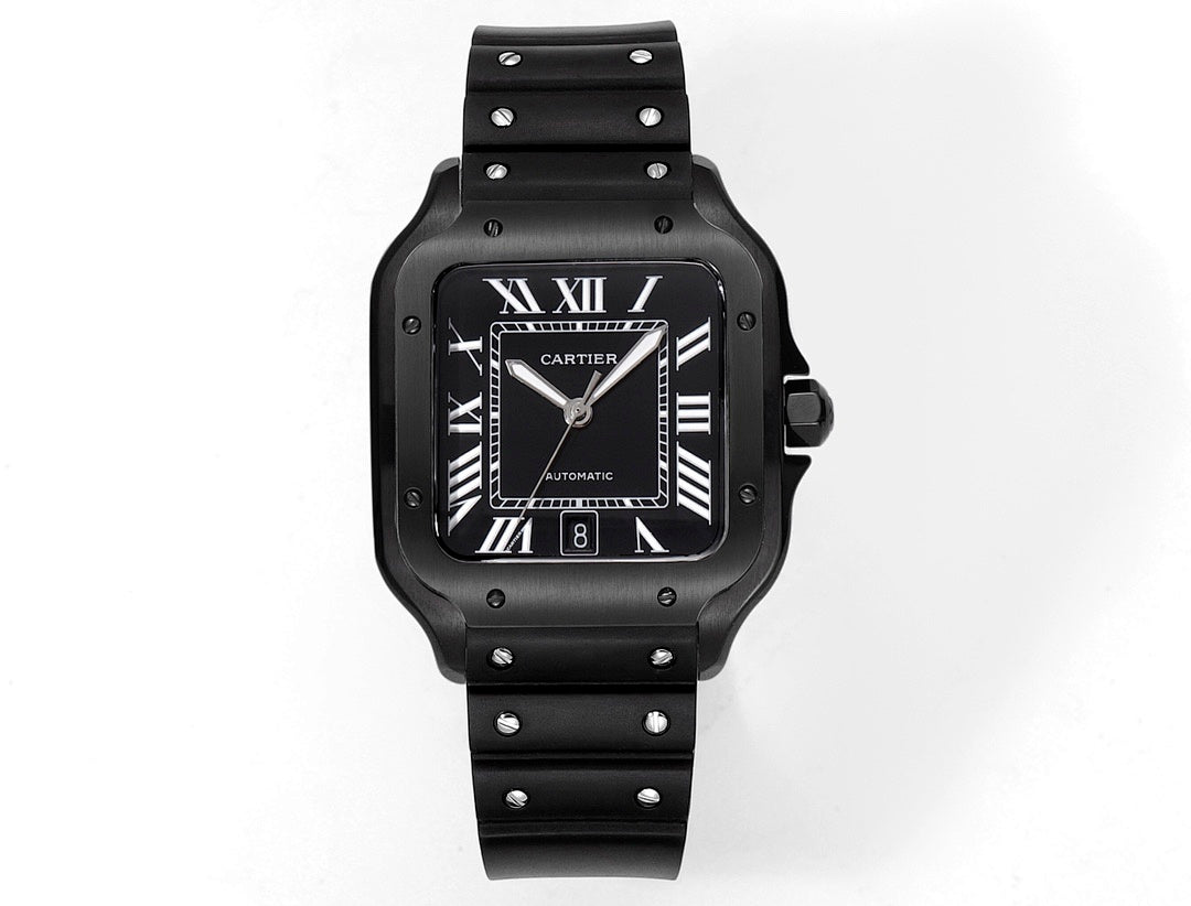 Square black Cartier watch front view with Roman numeral dial and rubber strap