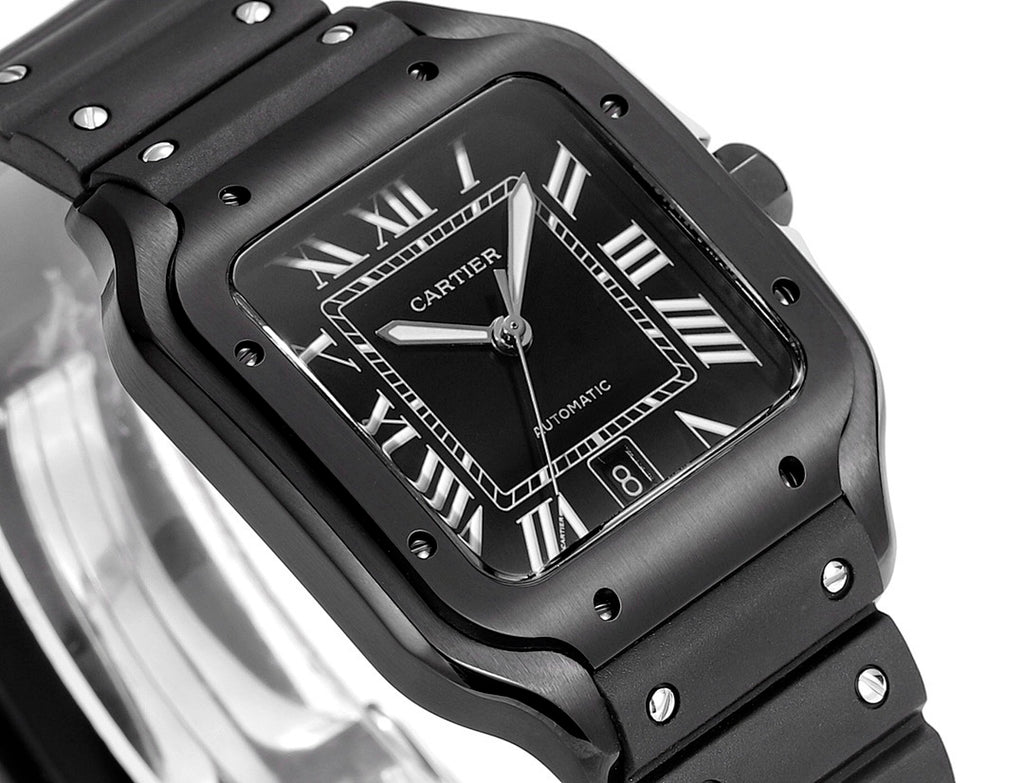 Black Cartier watch dial close-up with Roman numerals and minute track markers