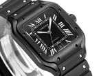 Black Cartier watch dial close-up with Roman numerals and minute track markers