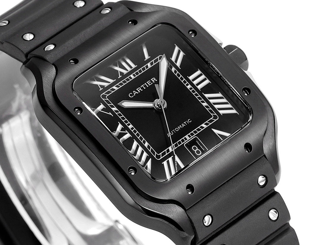 Black Cartier watch dial close-up with Roman numerals and minute track markers