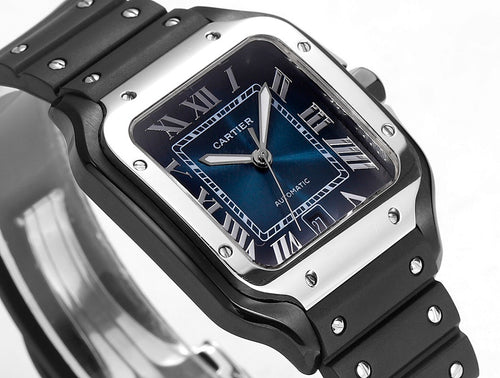 Cartier Santos watch close-up, blue dial in dark square case, Roman numerals, black strap