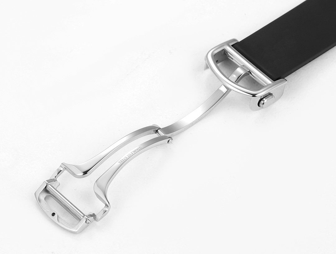 Cartier Santos watch strap with silver buckle and black rubber band, side view