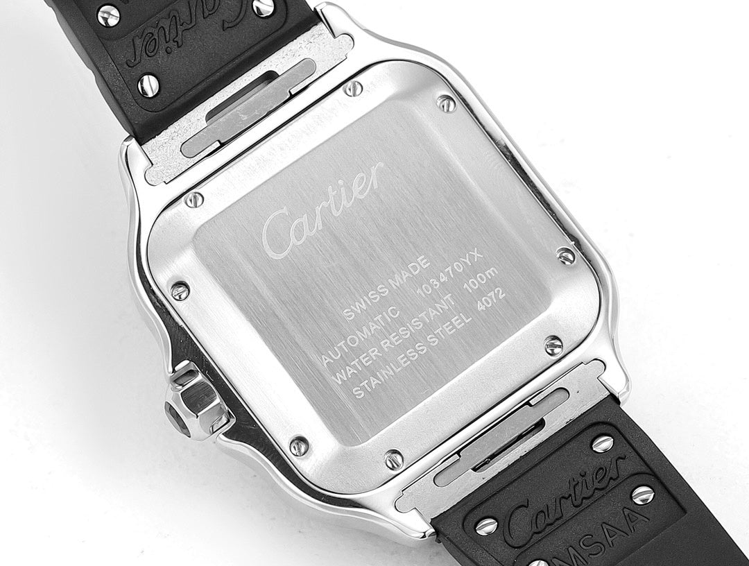 Cartier Santos watch case back, silver panel with engraved text, black rubber strap