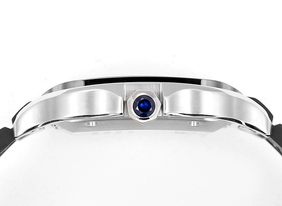 Cartier Santos watch bezel close-up, silver case with blue gem accent, black strap