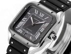 Cartier Santos watch front, dark dial with Roman numerals and date window, black rubber strap