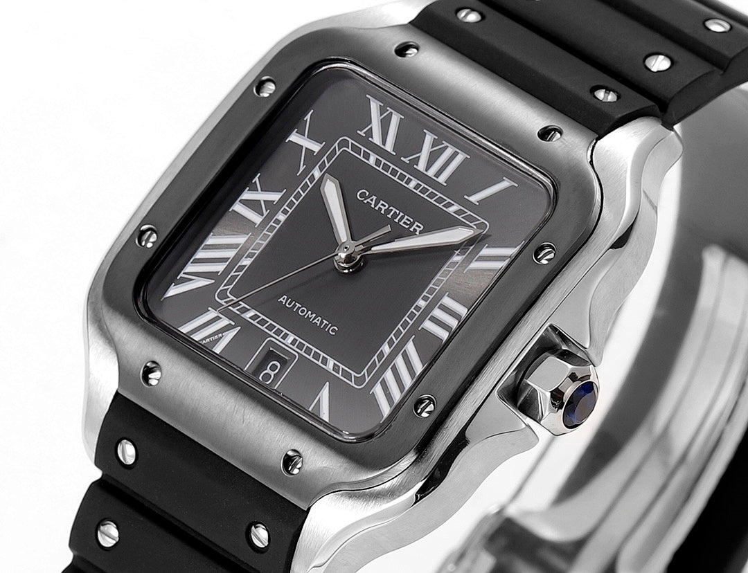 Cartier Santos watch front, dark dial with Roman numerals and date window, black rubber strap