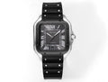 Cartier Santos watch, black rubber strap, dark square case, Roman numerals, blue dial