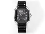 Cartier Santos watch, black rubber strap, dark square case, Roman numerals, blue dial