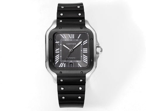 Cartier Santos watch, black rubber strap, dark square case, Roman numerals, blue dial