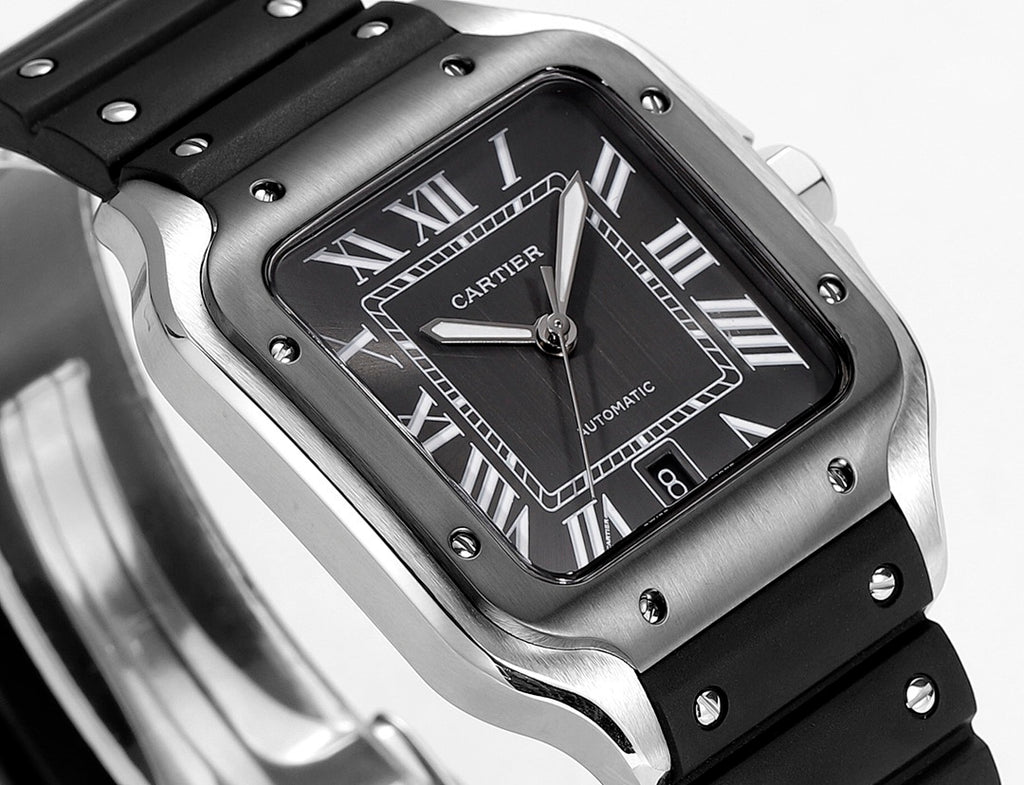 Cartier Santos watch front view, dark dial, Roman numerals, black rubber strap