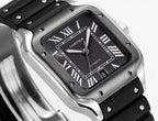 Cartier Santos watch front view, dark dial, Roman numerals, black rubber strap