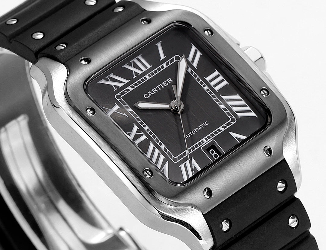 Cartier Santos watch front view, dark dial, Roman numerals, black rubber strap