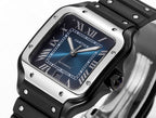 Cartier Santos watch, blue-toned dial with Roman numerals, black rubber strap