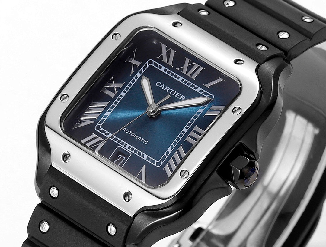 Cartier Santos watch, blue-toned dial with Roman numerals, black rubber strap