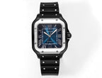 Cartier Santos watch, black rubber strap, dark square case, Roman numerals, blue dial, date